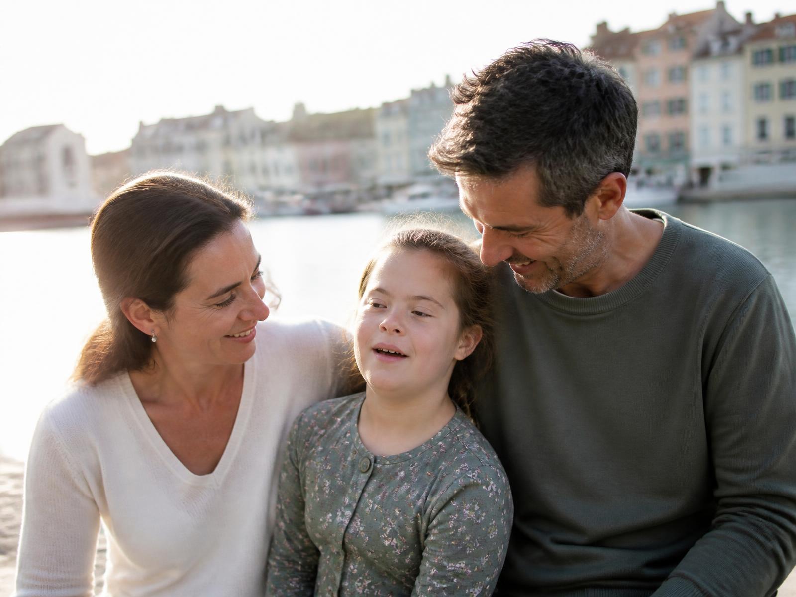 Mãe, pai e filha com uma doença rara, juntos ao ar livre num fim de tarde luminoso