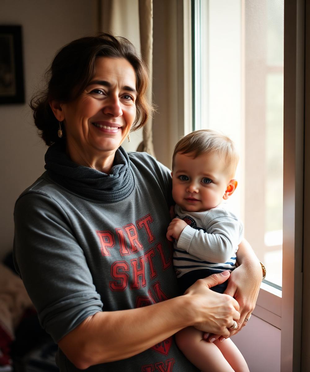 Mãe ao colo do filho pequeno junto a uma janela iluminada