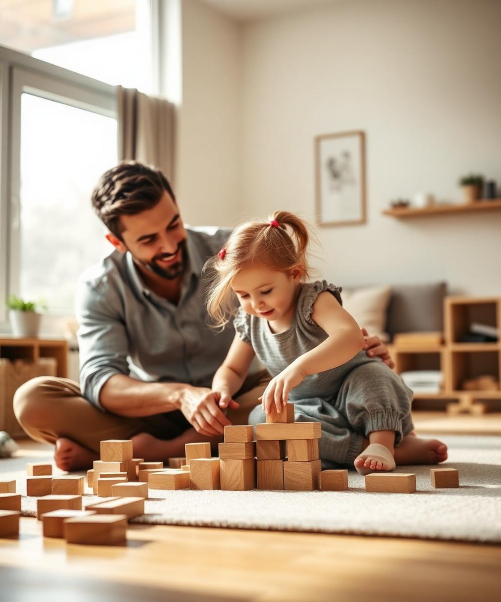 Pai e filha a brincar com blocos de madeira na sala de casa